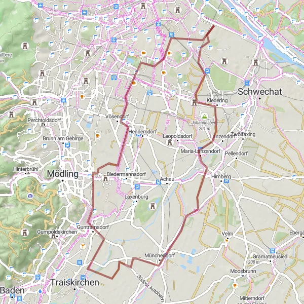 Map miniature of "Simmering - Johannesberg - Maria-Lanzendorf - Münchendorf - Teichhügel - Wiener Neudorf - Vösendorf - Wienerberg - Die Raupe" cycling inspiration in Wien, Austria. Generated by Tarmacs.app cycling route planner
