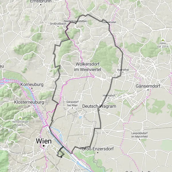 Miniatura della mappa di ispirazione al ciclismo "Giro Danubio" nella regione di Wien, Austria. Generata da Tarmacs.app, pianificatore di rotte ciclistiche