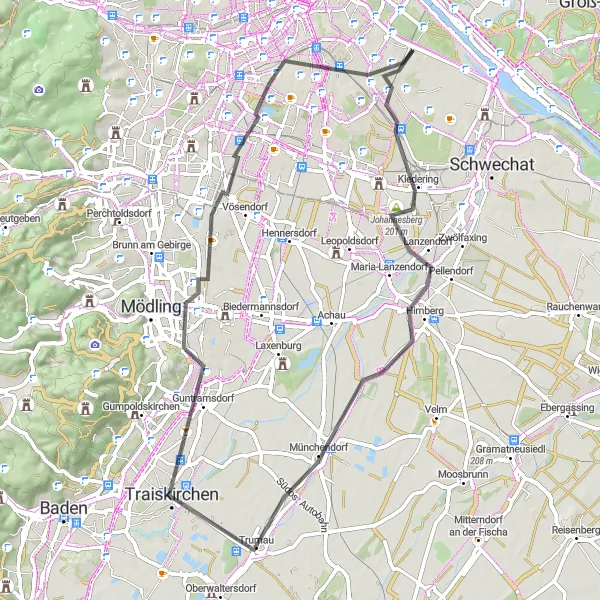 Karten-Miniaturansicht der Radinspiration "Rundweg von Simmering nach Trumau" in Wien, Austria. Erstellt vom Tarmacs.app-Routenplaner für Radtouren