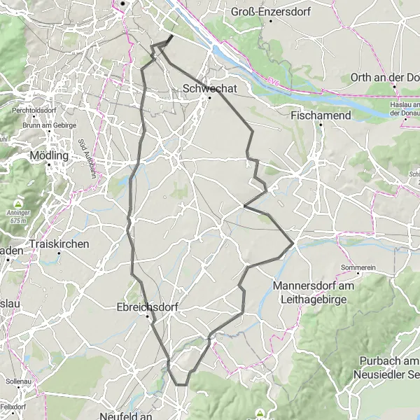 Map miniature of "Simmering - Leberberg - Schwechat - Rauchenwarth - Höchstenbühel - Goldberg - Seibersdorf - Hirschbühel - Wimpassing an der Leitha - Achau - Laaer Berg - Ringelspiel" cycling inspiration in Wien, Austria. Generated by Tarmacs.app cycling route planner