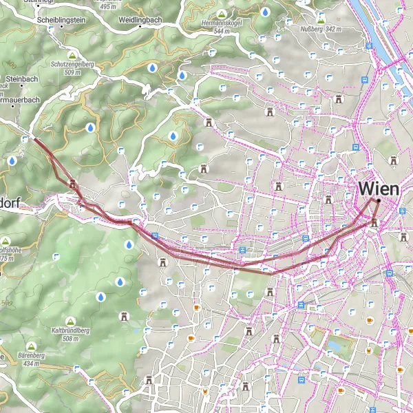 Miniatuurkaart van de fietsinspiratie "Gravelroute in de omgeving van Wenen" in Wien, Austria. Gemaakt door de Tarmacs.app fietsrouteplanner