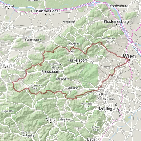 Karten-Miniaturansicht der Radinspiration "Bergige Herausforderung in der Natur" in Wien, Austria. Erstellt vom Tarmacs.app-Routenplaner für Radtouren