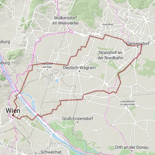 Zemljevid v pomanjšavi "Gravel avantura" kolesarske inspiracije v Wien, Austria. Generirano z načrtovalcem kolesarskih poti Tarmacs.app