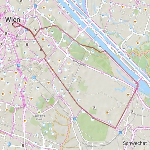 Miniaturní mapa "Gravelová trasa kolem Vídně" inspirace pro cyklisty v oblasti Wien, Austria. Vytvořeno pomocí plánovače tras Tarmacs.app