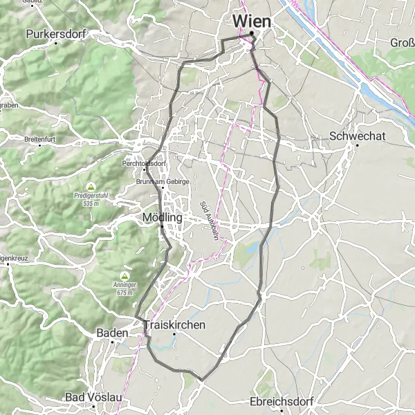 Miniatua del mapa de inspiración ciclista "Ruta por los Alrededores de Viena" en Wien, Austria. Generado por Tarmacs.app planificador de rutas ciclistas