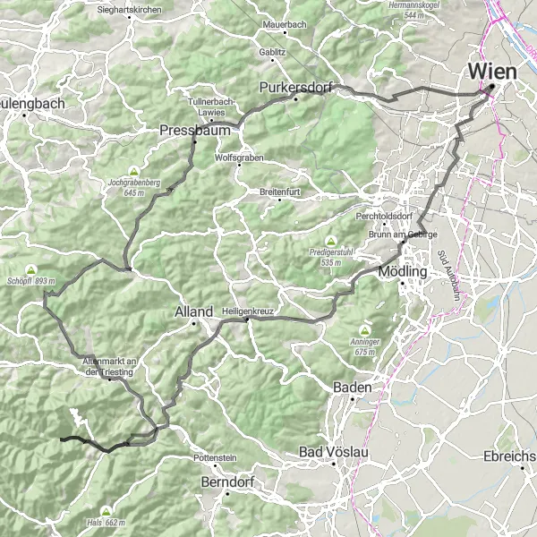 Miniatua del mapa de inspiración ciclista "Ruta de Ciclismo de Montaña por Heiligenkreuz y Pressbaum" en Wien, Austria. Generado por Tarmacs.app planificador de rutas ciclistas