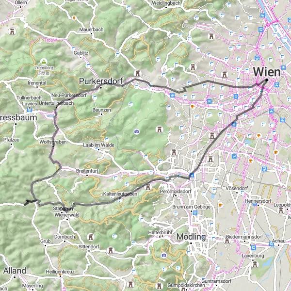 Miniaturní mapa "Silnice kolem Vídně s Lemonibergem ve výhledu" inspirace pro cyklisty v oblasti Wien, Austria. Vytvořeno pomocí plánovače tras Tarmacs.app