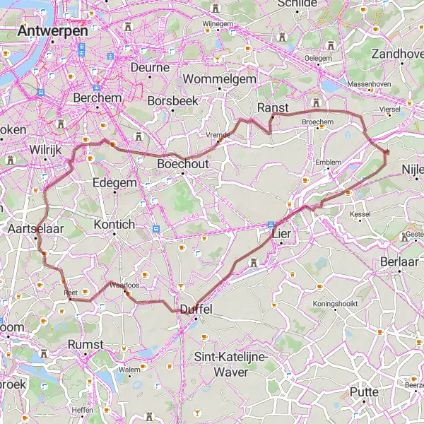 Map miniature of "Gravel Adventure in Aartselaar and Surroundings" cycling inspiration in Prov. Antwerpen, Belgium. Generated by Tarmacs.app cycling route planner