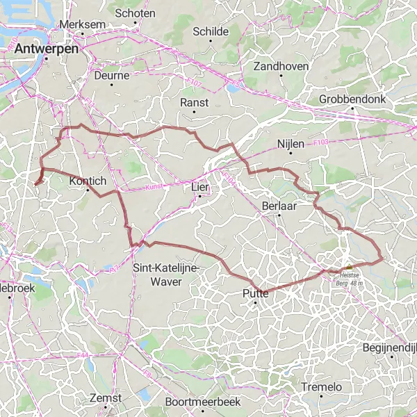 Miniature de la carte de l'inspiration cycliste "Aventures gravel autour d'Aartselaar" dans la Prov. Antwerpen, Belgium. Générée par le planificateur d'itinéraire cycliste Tarmacs.app