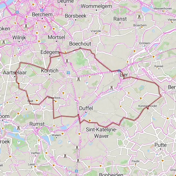 Map miniature of "Discover Gravel Treasures" cycling inspiration in Prov. Antwerpen, Belgium. Generated by Tarmacs.app cycling route planner