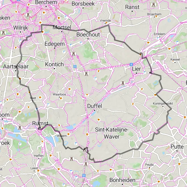 Map miniature of "Exploring the Countryside: Aartselaar to Reet" cycling inspiration in Prov. Antwerpen, Belgium. Generated by Tarmacs.app cycling route planner