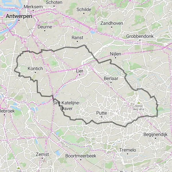 Map miniature of "The Road Less Traveled" cycling inspiration in Prov. Antwerpen, Belgium. Generated by Tarmacs.app cycling route planner