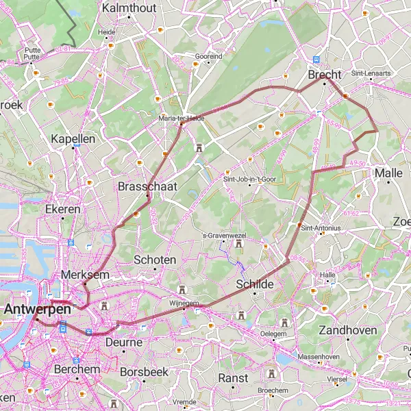 Miniatuurkaart van de fietsinspiratie "Skyline gravelroute in de buurt van Antwerpen" in Prov. Antwerpen, Belgium. Gemaakt door de Tarmacs.app fietsrouteplanner