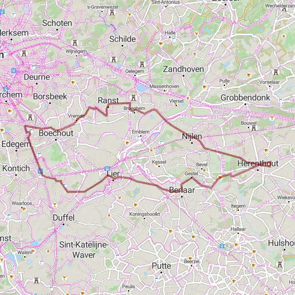 Map miniature of "Gravel Adventures" cycling inspiration in Prov. Antwerpen, Belgium. Generated by Tarmacs.app cycling route planner