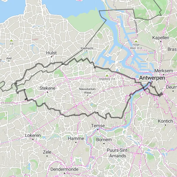 Map miniature of "Historical Antwerpen and Scenic Countryside" cycling inspiration in Prov. Antwerpen, Belgium. Generated by Tarmacs.app cycling route planner