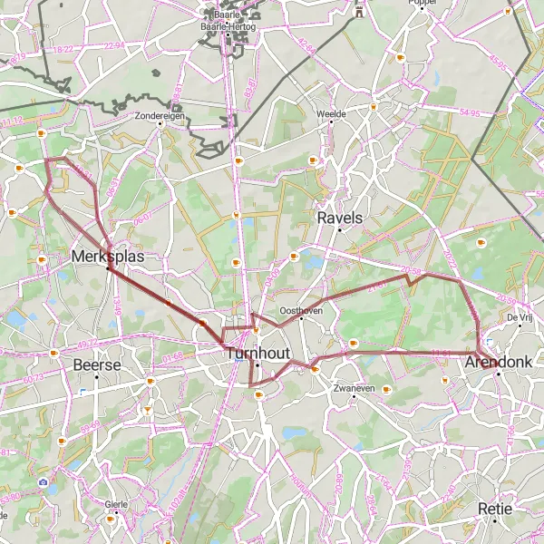 Map miniature of "Gravel Route from Arendonk to Merksplas" cycling inspiration in Prov. Antwerpen, Belgium. Generated by Tarmacs.app cycling route planner