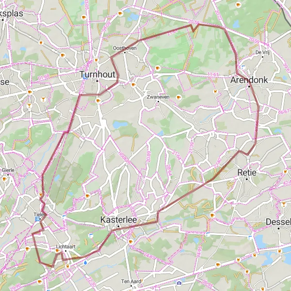 Miniatuurkaart van de fietsinspiratie "Avontuurlijke gravelrit naar Retie en Oosthoven" in Prov. Antwerpen, Belgium. Gemaakt door de Tarmacs.app fietsrouteplanner