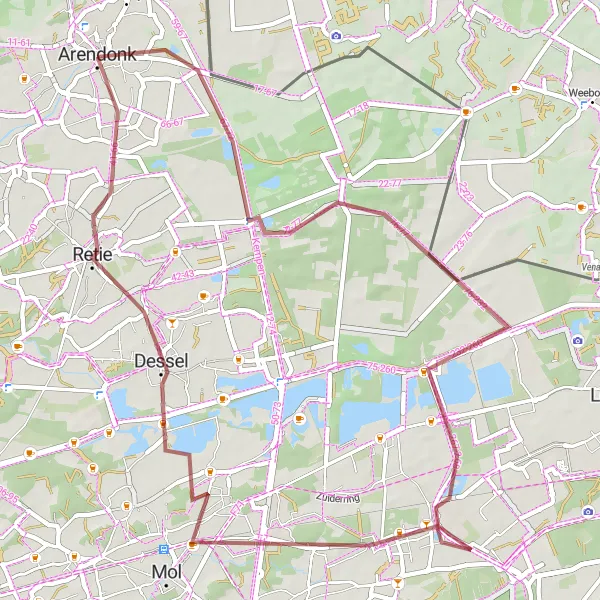 Miniature de la carte de l'inspiration cycliste "Boucle Gravel à travers la Campine" dans la Prov. Antwerpen, Belgium. Générée par le planificateur d'itinéraire cycliste Tarmacs.app