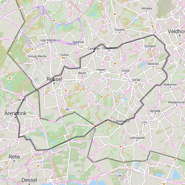 Karten-Miniaturansicht der Radinspiration "Rund um Arendonk entlang der Straßen" in Prov. Antwerpen, Belgium. Erstellt vom Tarmacs.app-Routenplaner für Radtouren
