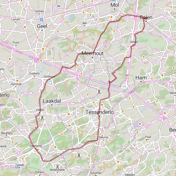 Miniatuurkaart van de fietsinspiratie "Gravelroute door Balen en omgeving" in Prov. Antwerpen, Belgium. Gemaakt door de Tarmacs.app fietsrouteplanner