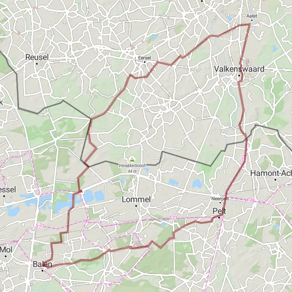 Miniatuurkaart van de fietsinspiratie "Gravelavontuur in de omgeving van Balen" in Prov. Antwerpen, Belgium. Gemaakt door de Tarmacs.app fietsrouteplanner