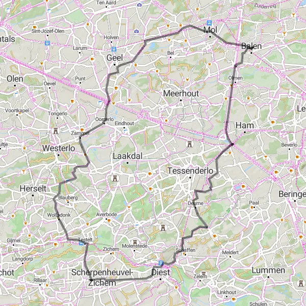 Miniature de la carte de l'inspiration cycliste "Le Tour des 4 Villages" dans la Prov. Antwerpen, Belgium. Générée par le planificateur d'itinéraire cycliste Tarmacs.app