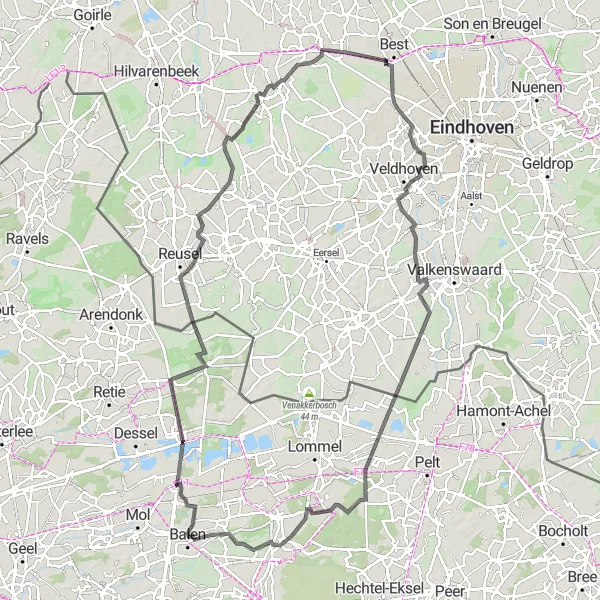 Map miniature of "Historic Road Cycling Tour around Balen" cycling inspiration in Prov. Antwerpen, Belgium. Generated by Tarmacs.app cycling route planner