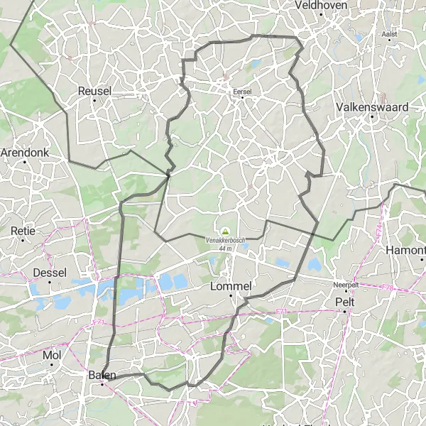 Miniatuurkaart van de fietsinspiratie "80 km wegroute vanuit Balen" in Prov. Antwerpen, Belgium. Gemaakt door de Tarmacs.app fietsrouteplanner