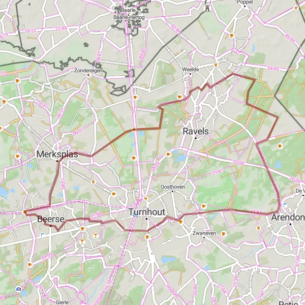 Map miniature of "Gravel Adventure in Beerse" cycling inspiration in Prov. Antwerpen, Belgium. Generated by Tarmacs.app cycling route planner