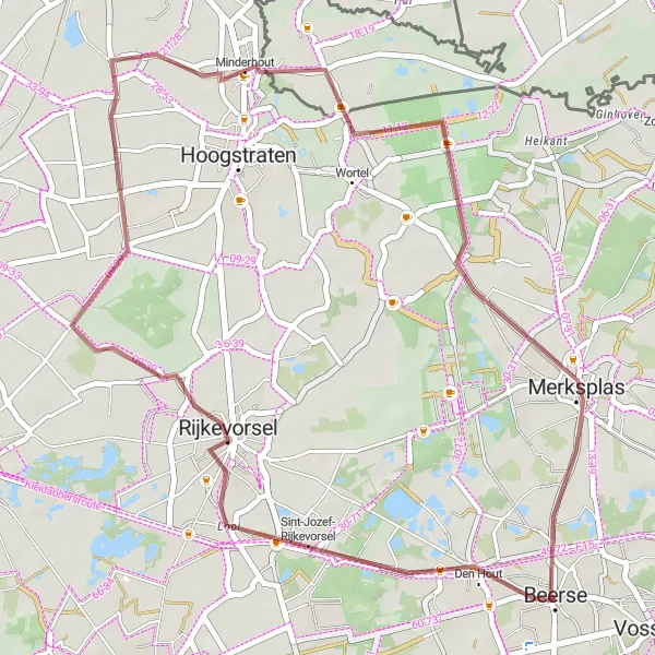 Map miniature of "Scenic Gravel Route through Rijkevorsel and Merksplas" cycling inspiration in Prov. Antwerpen, Belgium. Generated by Tarmacs.app cycling route planner