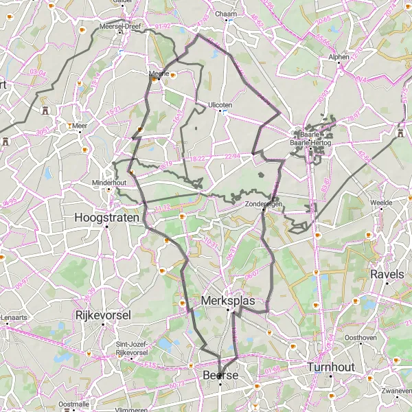 Map miniature of "Beerse - Castelré - Chaamdijk - Zondereigen - Merksplas Route" cycling inspiration in Prov. Antwerpen, Belgium. Generated by Tarmacs.app cycling route planner