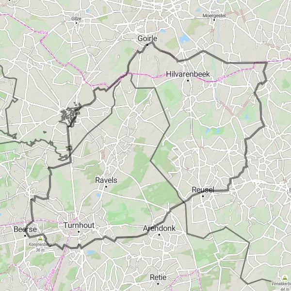 Map miniature of "Road Cycling Tour through Weelde Statie, Grote Voort, and Vosselaar" cycling inspiration in Prov. Antwerpen, Belgium. Generated by Tarmacs.app cycling route planner