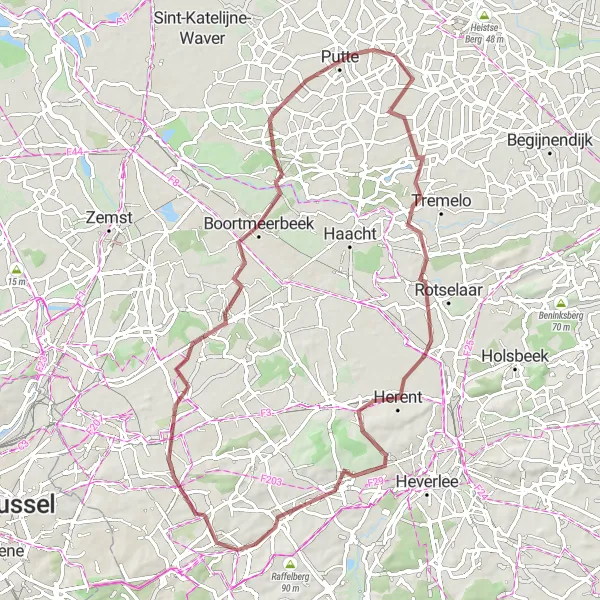 Karten-Miniaturansicht der Radinspiration "Gravel-Tour durch Herent und Putte" in Prov. Antwerpen, Belgium. Erstellt vom Tarmacs.app-Routenplaner für Radtouren