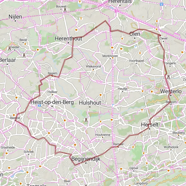 Map miniature of "Beerzelberg Adventure" cycling inspiration in Prov. Antwerpen, Belgium. Generated by Tarmacs.app cycling route planner