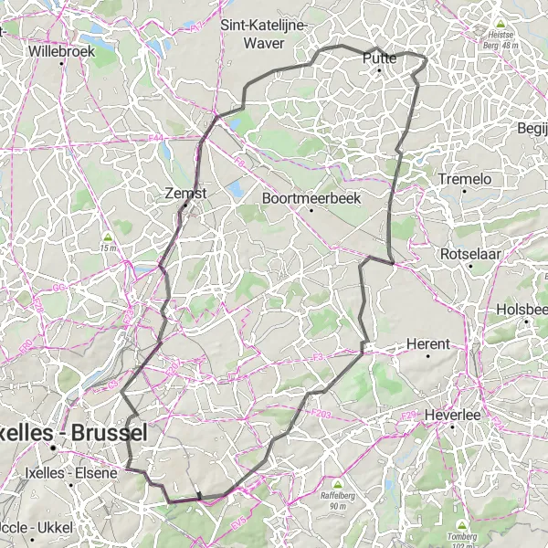 Map miniature of "Beerzel - Haacht - Tervuren - Woluwe-Saint-Pierre - Haren - Zemst - Putte Road Cycling" cycling inspiration in Prov. Antwerpen, Belgium. Generated by Tarmacs.app cycling route planner