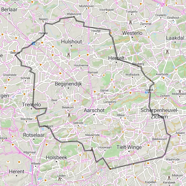 Miniatuurkaart van de fietsinspiratie "Fietsroute naar Herselt en terug" in Prov. Antwerpen, Belgium. Gemaakt door de Tarmacs.app fietsrouteplanner