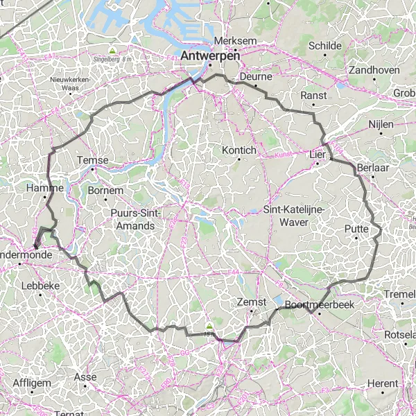 Map miniature of "Beerzel - Boortmeerbeek - Elewijt - Steenhuffel - Moerzeke - Haasdonk - Borsbeek - Beerzelberg Road Cycling" cycling inspiration in Prov. Antwerpen, Belgium. Generated by Tarmacs.app cycling route planner