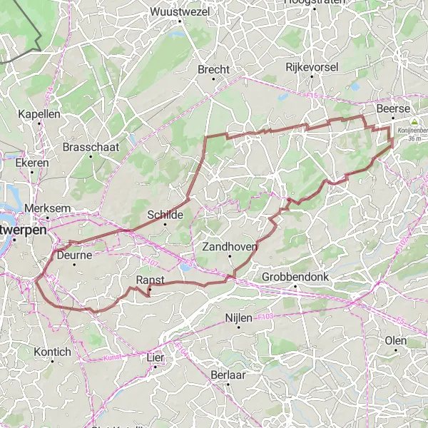 Map miniature of "Scenic Gravel Trail through Schilde and Mortsel" cycling inspiration in Prov. Antwerpen, Belgium. Generated by Tarmacs.app cycling route planner