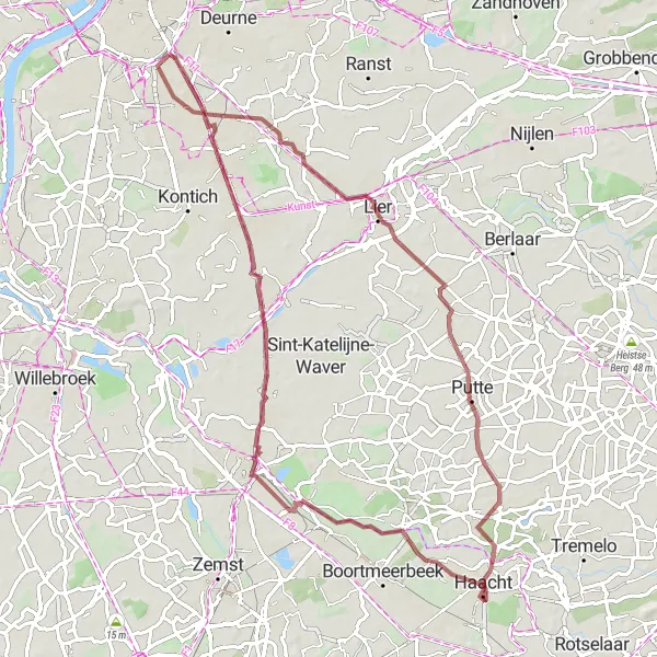 Miniature de la carte de l'inspiration cycliste "Les Chemins de Gravel de la Campagne" dans la Prov. Antwerpen, Belgium. Générée par le planificateur d'itinéraire cycliste Tarmacs.app