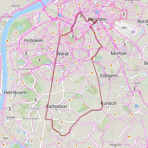 Miniatuurkaart van de fietsinspiratie "Gravelroute Kontich - Aartselaar" in Prov. Antwerpen, Belgium. Gemaakt door de Tarmacs.app fietsrouteplanner