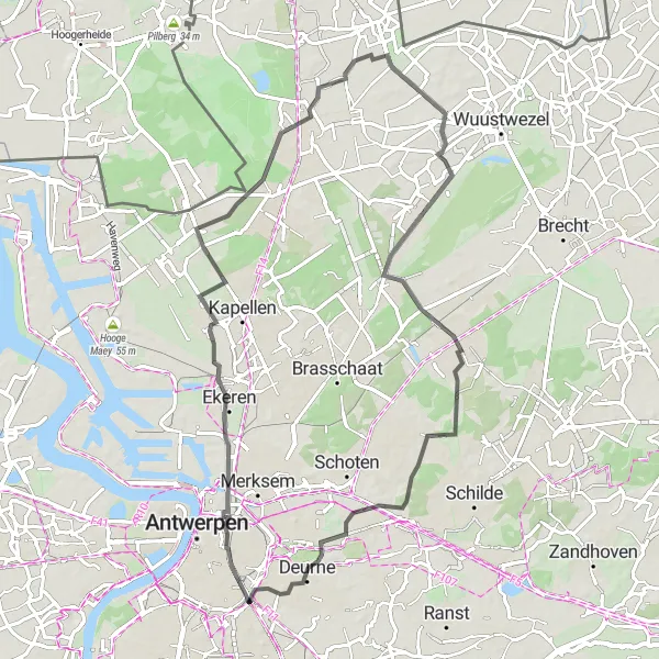 Miniatuurkaart van de fietsinspiratie "Wegroute Ekeren - Deurne" in Prov. Antwerpen, Belgium. Gemaakt door de Tarmacs.app fietsrouteplanner
