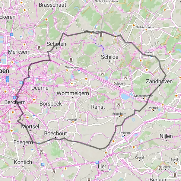 Miniature de la carte de l'inspiration cycliste "Les Châteaux de la Campagne" dans la Prov. Antwerpen, Belgium. Générée par le planificateur d'itinéraire cycliste Tarmacs.app