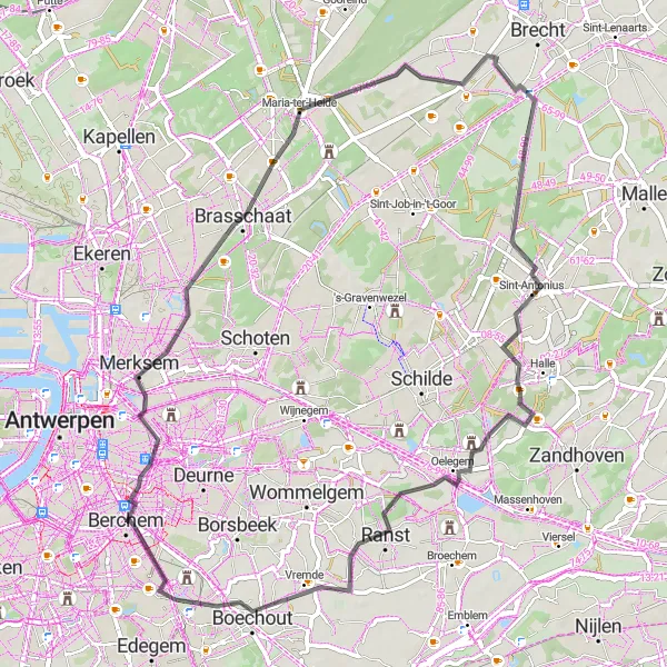 Map miniature of "Road Cycling Adventure near Berchem" cycling inspiration in Prov. Antwerpen, Belgium. Generated by Tarmacs.app cycling route planner