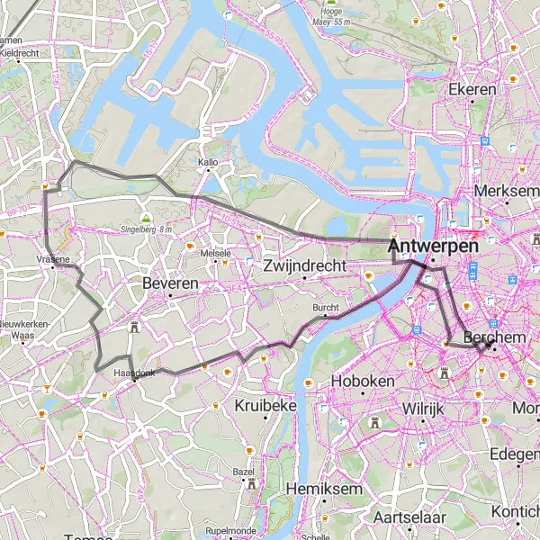 Miniature de la carte de l'inspiration cycliste "Tour du Skyline" dans la Prov. Antwerpen, Belgium. Générée par le planificateur d'itinéraire cycliste Tarmacs.app