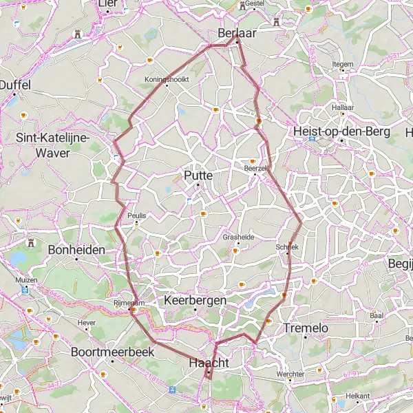 Karten-Miniaturansicht der Radinspiration "Auf den Spuren von Beerzelberg" in Prov. Antwerpen, Belgium. Erstellt vom Tarmacs.app-Routenplaner für Radtouren