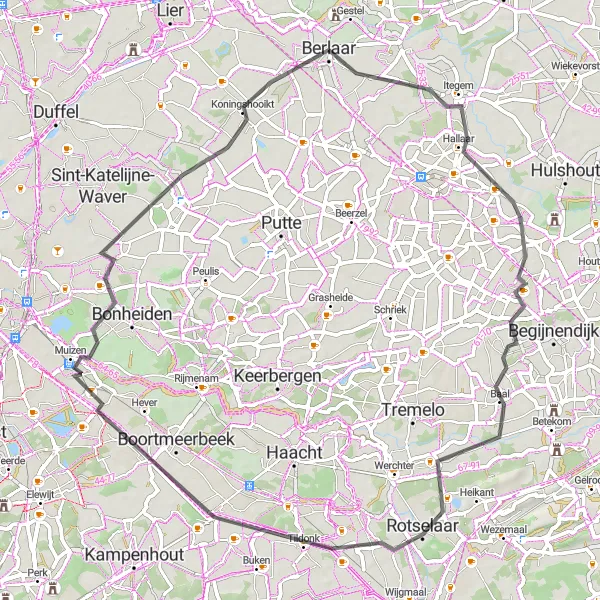 Miniatuurkaart van de fietsinspiratie "Balenberg en Bonobo's Route" in Prov. Antwerpen, Belgium. Gemaakt door de Tarmacs.app fietsrouteplanner
