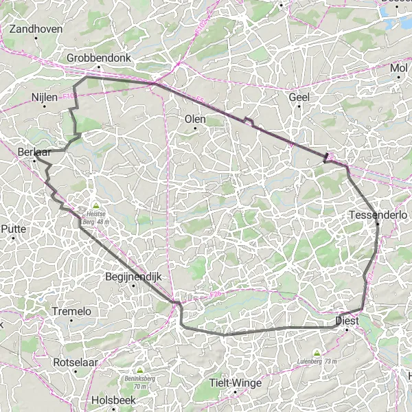 Karten-Miniaturansicht der Radinspiration "Rundweg von Berlaar nach Diest und Begijnendijk" in Prov. Antwerpen, Belgium. Erstellt vom Tarmacs.app-Routenplaner für Radtouren