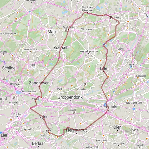 Karten-Miniaturansicht der Radinspiration "Abenteuerliche Schottertour von Bevel nach Herentals" in Prov. Antwerpen, Belgium. Erstellt vom Tarmacs.app-Routenplaner für Radtouren