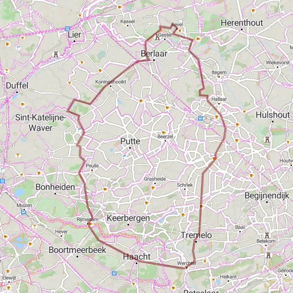 Miniatuurkaart van de fietsinspiratie "Heistse Berg Gravelroute" in Prov. Antwerpen, Belgium. Gemaakt door de Tarmacs.app fietsrouteplanner