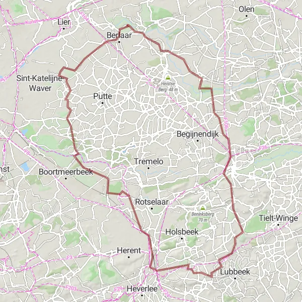 Miniatuurkaart van de fietsinspiratie "Hulshout - Kouterberg - Nieuwrode - Leuven - Rijmenam - Koningshooikt" in Prov. Antwerpen, Belgium. Gemaakt door de Tarmacs.app fietsrouteplanner